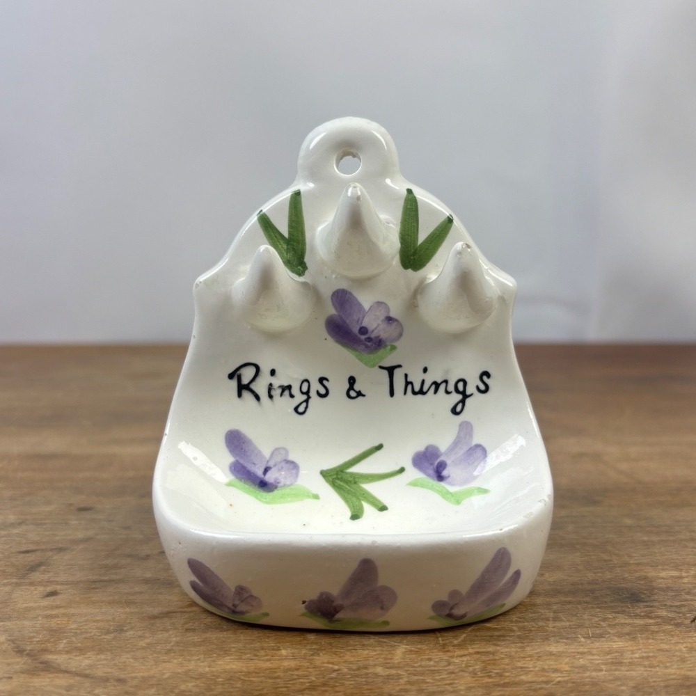 Vintage Rings & Things Ceramic Wall Mounted Ring Holder Floral Trinket cottage